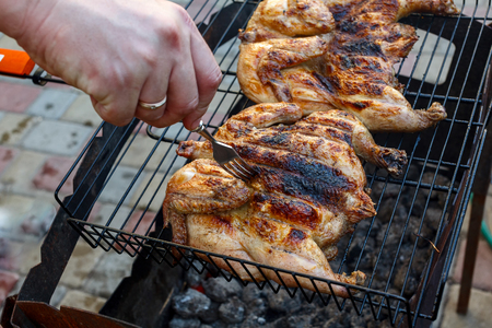 flat chicken on the grill at a green lawnの写真素材