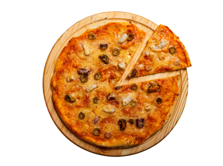 Seafood pizza with shrimps, mussels and olives. Isolated on white.の写真素材