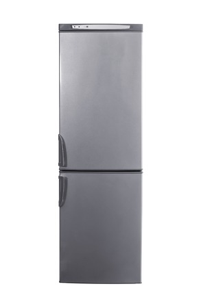studio shot big stainless steel refrigerator with bottom freezer isolated on whiteの写真素材