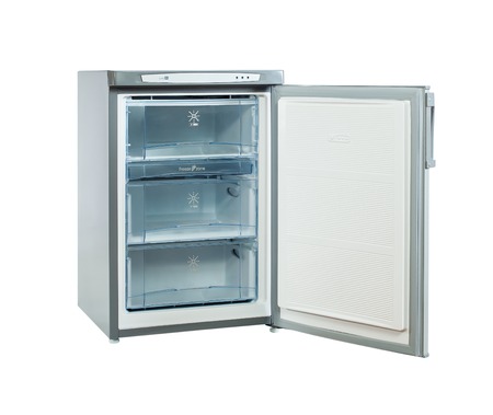 three-quarter studio shot small stainless steel refrigerator isolated on whiteの写真素材