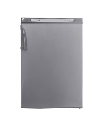 three-quarter studio shot small stainless steel refrigerator isolated on whiteの写真素材