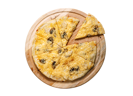 Seafood pizza with shrimps, mussels and olives. Isolated on white.の写真素材