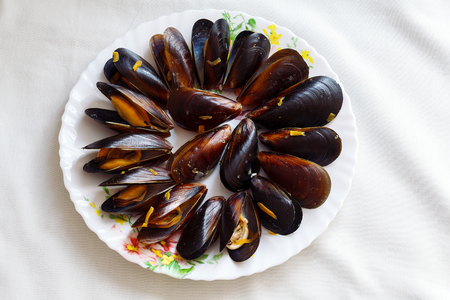 Steamed black sea mussels in cream sauce with carrotの写真素材