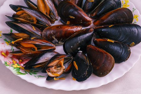 Steamed black sea mussels in cream sauce with carrotの写真素材