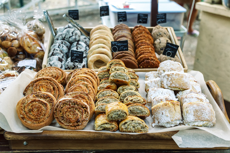 Assorted homemade nut rolls pastry on tableの写真素材