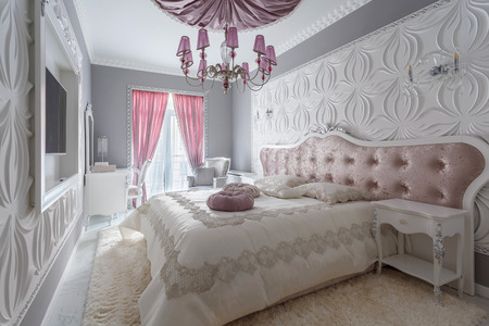 Classic bedroom with double bed, tvの写真素材