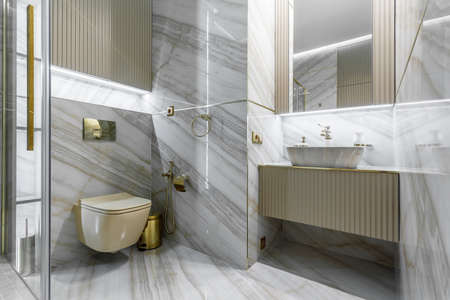 Marble tile wall and marble sink, luxury bathroom interior.の写真素材