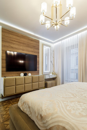 Luxury bedroom interior with parquet and wood marble wallsの写真素材