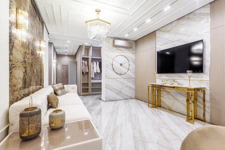 Living room in rich modern home with italian marble floorの写真素材