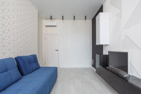 light Living room with 3D Embossed Decorative Wall Panel with White and blue sofa