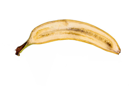 Banana cut on half on white backgroundの写真素材