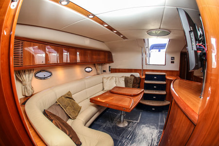 NORWALK, CT - SEPTEMBER 19: Boat interior from Sunseeker Camargue 50  in Norwalk boat show 2013 September 19, 2013 in Norwalk, CT.のeditorial素材