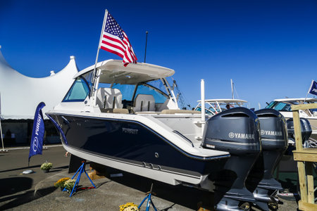 NORWALK- SEPTEMBER 25: DC 325 Pursuit boat with Yamaha engines exhibit at Norwalk boat show  in Norwalk, USA on September 25, 2016のeditorial素材
