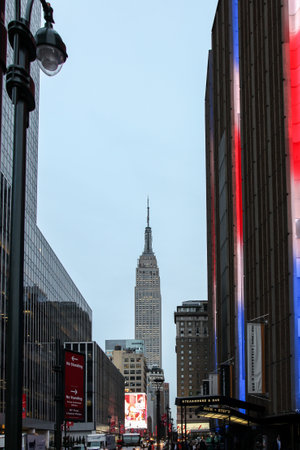NEW YORK, NY - NOVEMBER 05:  Empire State building view from street near Madison Square Gaeden in New York City  with evening lights on November 5, 2014 in New York City.のeditorial素材