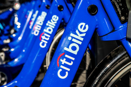 NEW YORK-NOVEMBER 6: New blue Citi Bikes lined up near Madison Square Garden at 8th Avenue in...