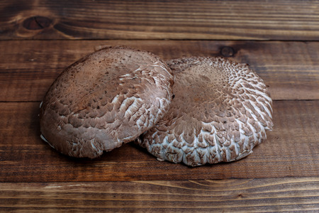 Two portabella mushroom caps on wooden boardsの写真素材