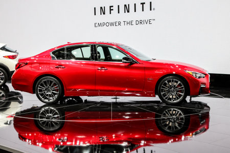 NEW YORK- APRIL 12: Infiniti Q50 S shown at the New York International Auto Show 2017, at the Jacob Javits Center. This was Press Preview Day One of NYIAS, on April 12, 2017 in New York Cityのeditorial素材