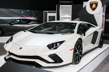 NEW YORK- APRIL 12: Lamborghini Aventador S shown at the New York International Auto Show 2017, at the Jacob Javits Center. This was Press Preview Day One of NYIAS, on April 12, 2017 in New York Cityのeditorial素材
