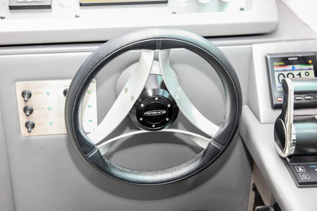 NORWALK, CT, USA-SEPTEMBER 20, 2018: Wheel detail from Pershing 5X displayed by Allied Marine on ...