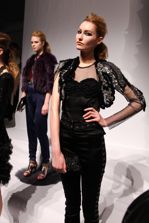 NEW YORK, NY, USA - FEBRUARY 09, 2012: Model posing for the CONCEPT KOREA Mercedes-Benz Fashion Week at Lincoln Centre.のeditorial素材