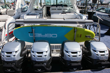 NORWALK, CT, USA - SEPTEMBER 19, 2019: Formula 400 SSC   shoving on Progressive Norwalk Boat Show...