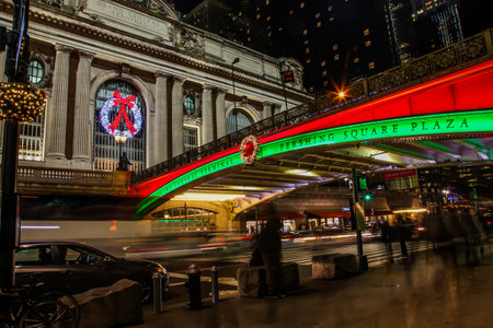 NEW YORK, NY, USA - DECEMBER 27, 2018: Beautiful evenings with street lights near Grand Central Terminal with Crysler building in back.のeditorial素材