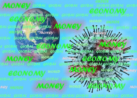 Money economy global world crisis conceptual text 3D illustrartion on blue background