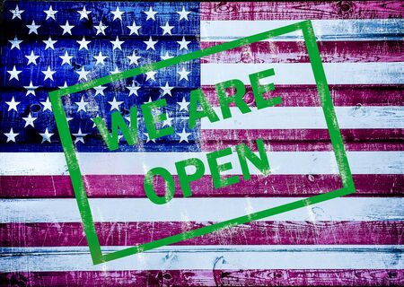 American flag background with text we are openの写真素材