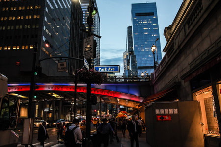 NEW YORK, NY - AUGUST 17, 2017: Summer evening with lights and busy 42 street near  Grand Central terminalのeditorial素材