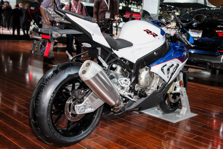 NEW YORK, NY - APRIL 1, 2015: BMW exhibit 2015 BMW S 1000 RR at the 2015 New York International Auto Show during Press day,  public show is running from April 3-12, 2015 in New York, NY.のeditorial素材