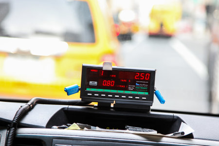 NEW YORK, NY - MARCH 23, 2016: View from cab with taxi meter display in New Yorkのeditorial素材