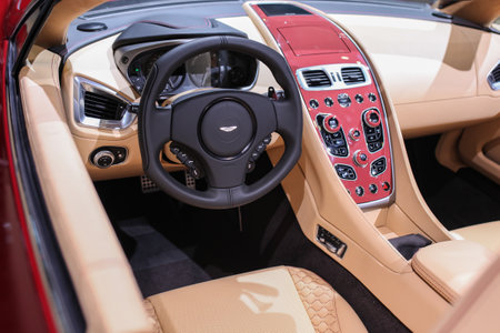 NEW YORK, NY - APRIL 1, 2015: Aston Martin  exhibit Aston Martin Vanquish Volante at the 2015 New York International Auto Show during Press day,  public show is running from April 3-12, 2015 in New York, NY.のeditorial素材