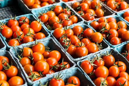 Tomatoes from farms market in paper containersの写真素材