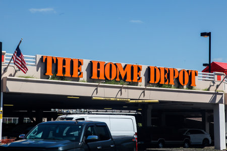 NORWALK, CONNECTICUT , USA- MAY 6, 2021: Large  Home Depot sign with blue sky a carsのeditorial素材