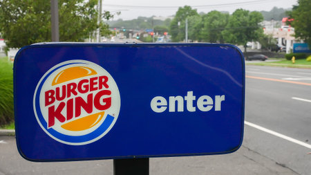 NORWALK, CT, USA - JULY 13, 2021: Burger King sign near Post Road
