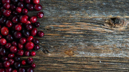Cranberry background on rustic wooden background with text spaceの写真素材