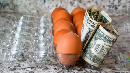 <p>Brown eggs in plastic container with american paper money</p>
