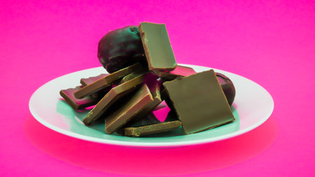<p>Plate with snack on pink background</p>の写真素材