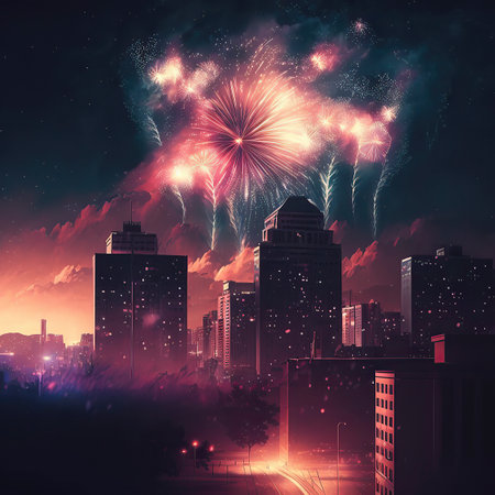 AI Generated illustration from city with firework on evening skyの素材