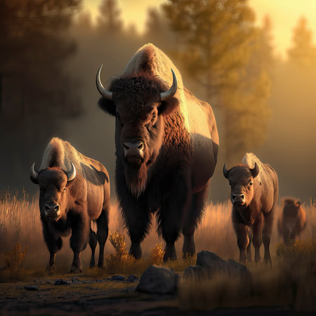 AI Generated illustration from bison family  with sunset lightの素材