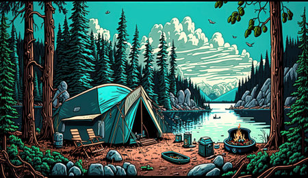 AI Generated illustration from summer camp scene near lake with forestの素材