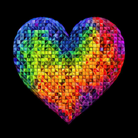 Illustration from heart with rainbow colors on black color created with Generative AI technologyの素材