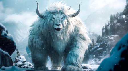 A large white mystical creature standing on top of a snow covered ground, Generative AIの素材
