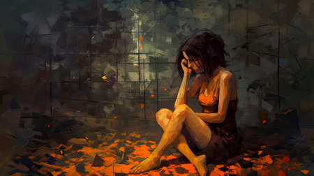 Abstract Illustration from depressed woman sitting with copy space created with Generative AI technologyの素材