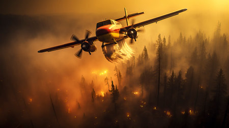 Illustration of aircraft dropping water to fire in forestの素材
