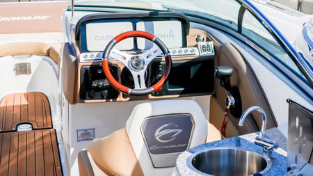 NORWALK, CT USA - 21 SEPTEMBER 2023: Crownline  E285 XS boat interior displayed on Norwalk Boat Showのeditorial素材