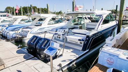 NORWALK, CT USA - 21 SEPTEMBER 2023: Formula boats line displayed on Norwalk Boat Showのeditorial素材