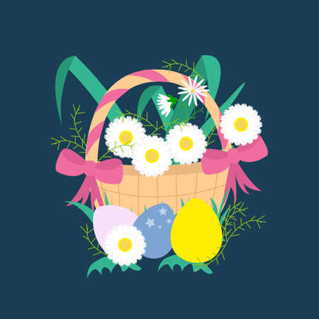 Easter basket filled with eggs and flowers. Happy Easter colorful flat style vector illustration. Basket with colored eggs and flowers on navy blue background.のイラスト素材