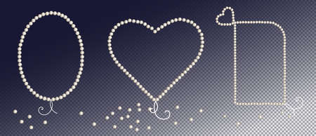 Set of pearl frames with different shapes on transparent background. Heart, oval and rectangle pearl borders and corners for wedding, decoration, banners, cards or invitation. Vector illustrationのイラスト素材