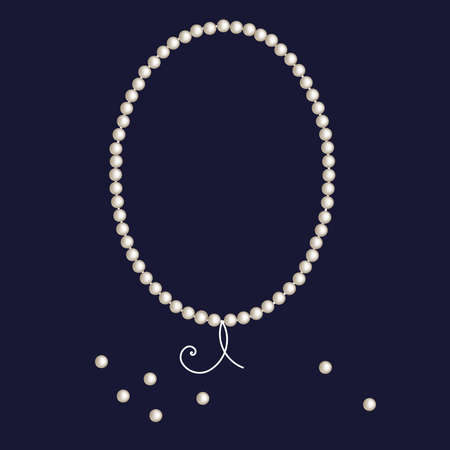 Shiny pearl frame with thread of white pearls. Vector border background for wedding, invitations, greeting cards, anniversary or banners. Luxury oval oyster pearl necklace. Beautiful natural chain.のイラスト素材